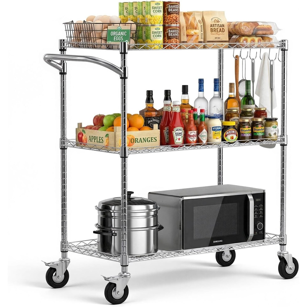image:imageVEVOR Kitchen Utility Cart 3 Tiers Wire Rolling Table with 661 LBS Capacity Steel Service Desk on Wheels Metal Storage Trolley with 80 mm Deep Basket Curved Handle PP Liner 6 Hooks18D x 35W x 409H Upgraded