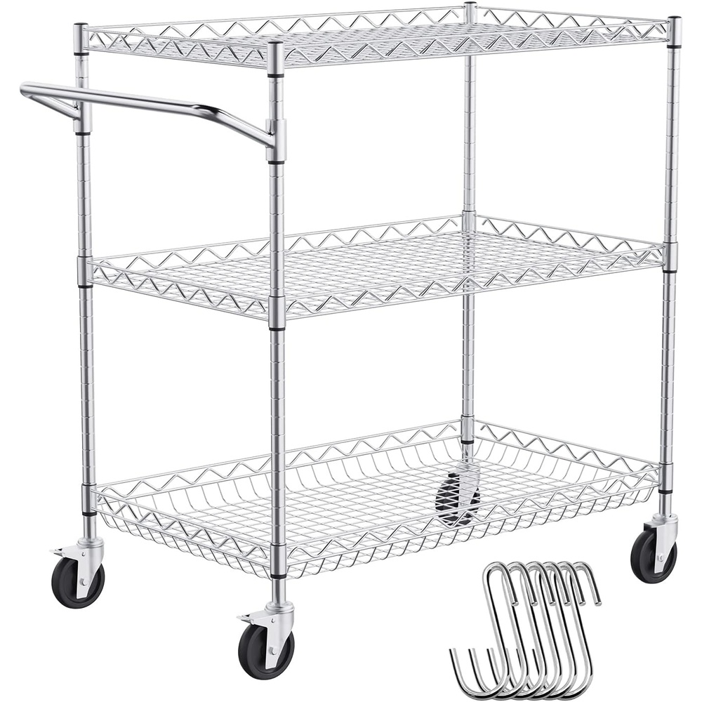 image:imageVEVOR Kitchen Utility Cart 3 Tiers Wire Rolling Table with 661 LBS Capacity Steel Service Desk on Wheels Metal Storage Trolley with 80 mm Deep Basket Curved Handle PP Liner 6 Hooks18D x 30W x 324H