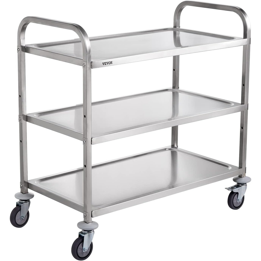 image:imageVEVOR Kitchen Utility Cart 366x20x24 3 Tiers Wire Rolling Cart 470LBS Capacity Steel Service Cart with Brake Wheels Storage Trolley with 76mm Basket PP Liner 6 Hooks for Indoor amp Outdoor UseStainless Steel Trolley