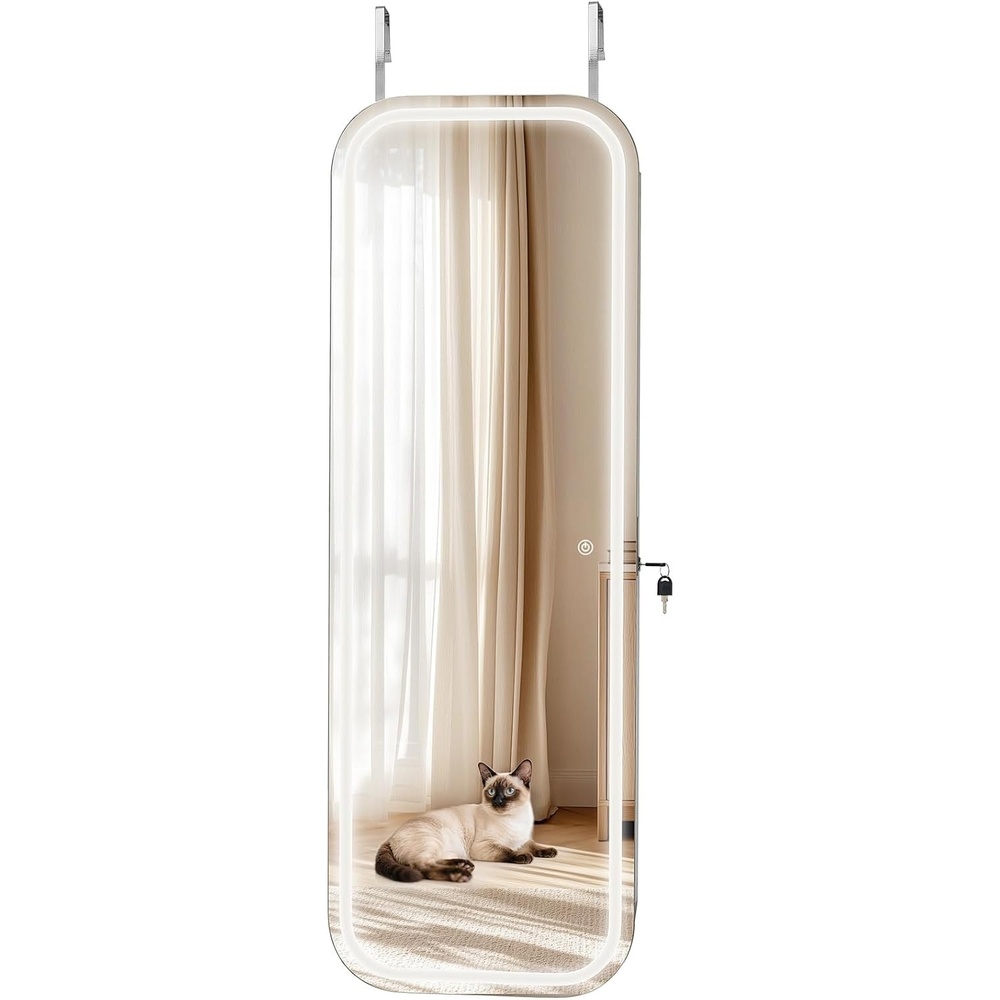 image:imageVEVOR LED Mirror Jewelry Cabinet 425inch Tall FullLength Mirror with Storage Wall MountOver the Door Jewelry Armoire Organizer with Lights Rounded Design Lockable Door with 2 Keys WhiteWhite with LED