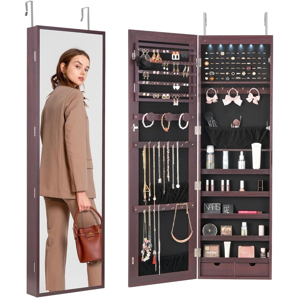 image:imageVEVOR LED Mirror Jewelry Cabinet 425inch Tall FullLength Mirror with Storage Wall MountOver the Door Jewelry Armoire Organizer with Lights Rounded Design Lockable Door with 2 Keys WhiteBrown