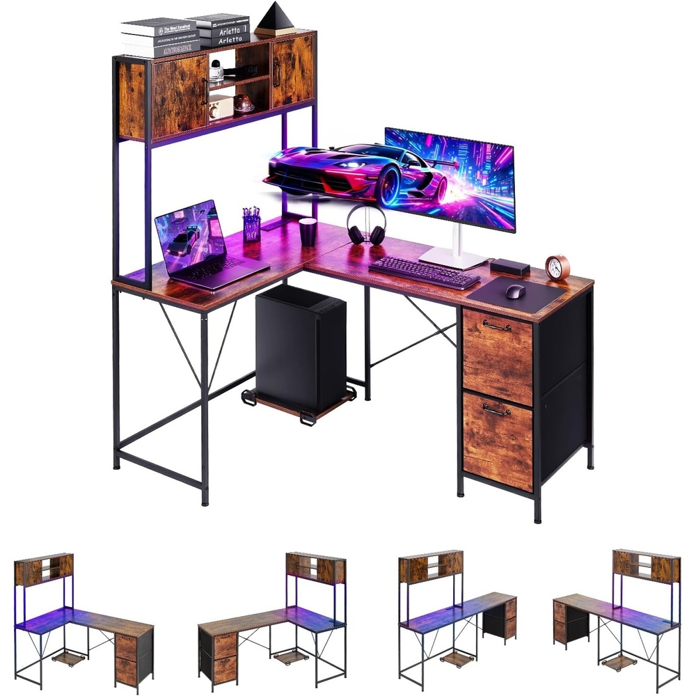 image:imageVEVOR LShaped Gaming Desk with LED Lights 622inch Reversible Corner Computer Desk with Power Outlets Movable CPU Stand amp Storage Drawers Modern Stylish PC Gaming Table for Home OfficePower OutletsDrawers
