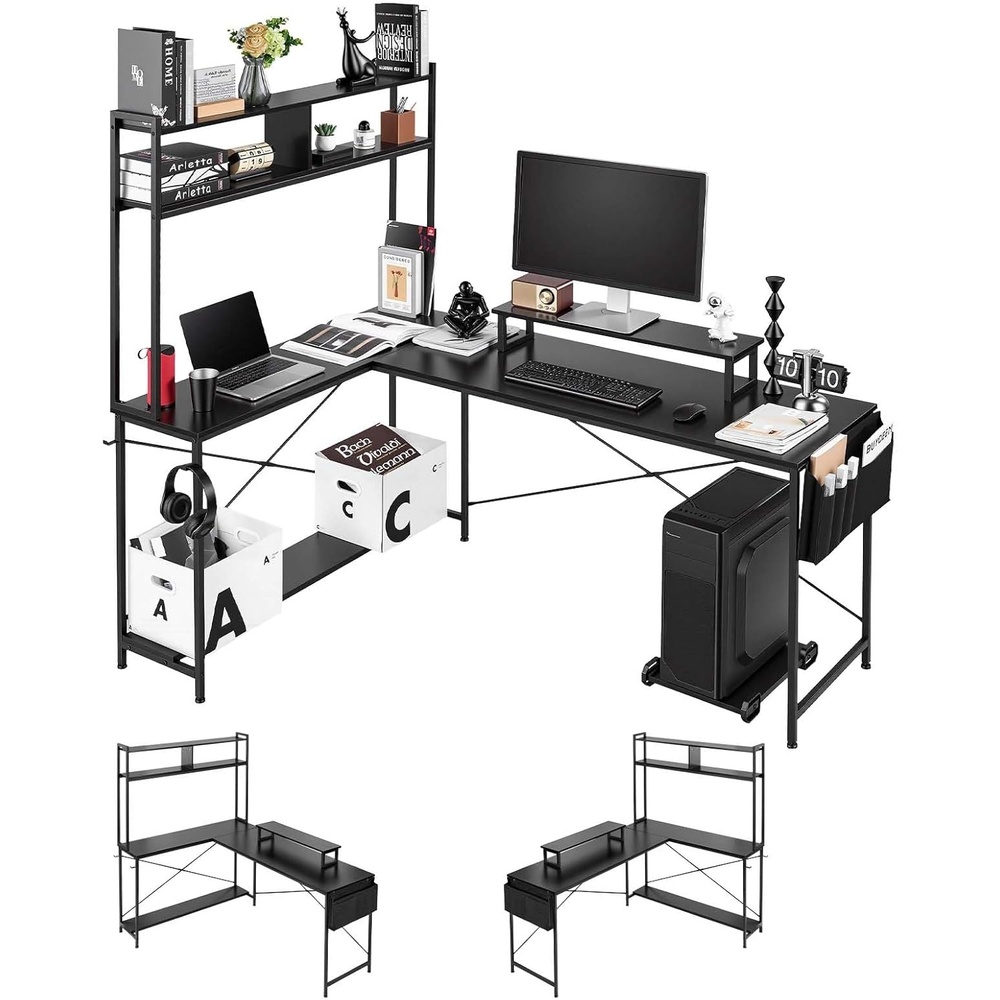 image:imageVEVOR LShaped Gaming Desk with LED Lights 622inch Reversible Corner Computer Desk with Power Outlets Movable CPU Stand amp Storage Drawers Modern Stylish PC Gaming Table for Home OfficeMonitorCPU Stand