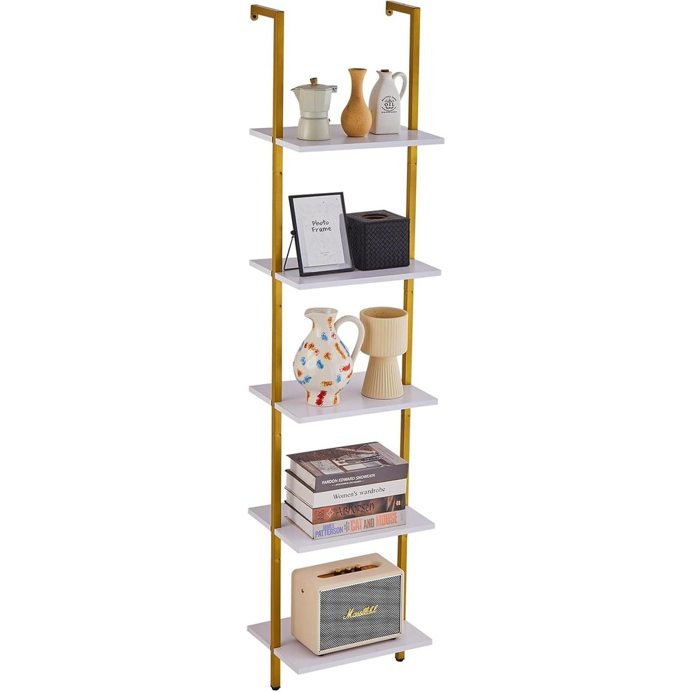 image:imageVEVOR Ladder Shelf 5Tier Bookshelf 24x118in Open WallMounted Ladder Shelf with Metal FrameStorage Rack Sundries Holder for Kitchen Bedroom Bathroom Living Room BlackGold