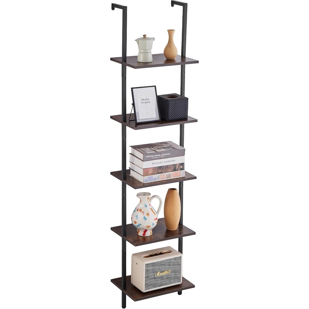 image:imageVEVOR Ladder Shelf 5Tier Bookshelf 24x118in Open WallMounted Ladder Shelf with Metal FrameStorage Rack Sundries Holder for Kitchen Bedroom Bathroom Living Room BlackBlack