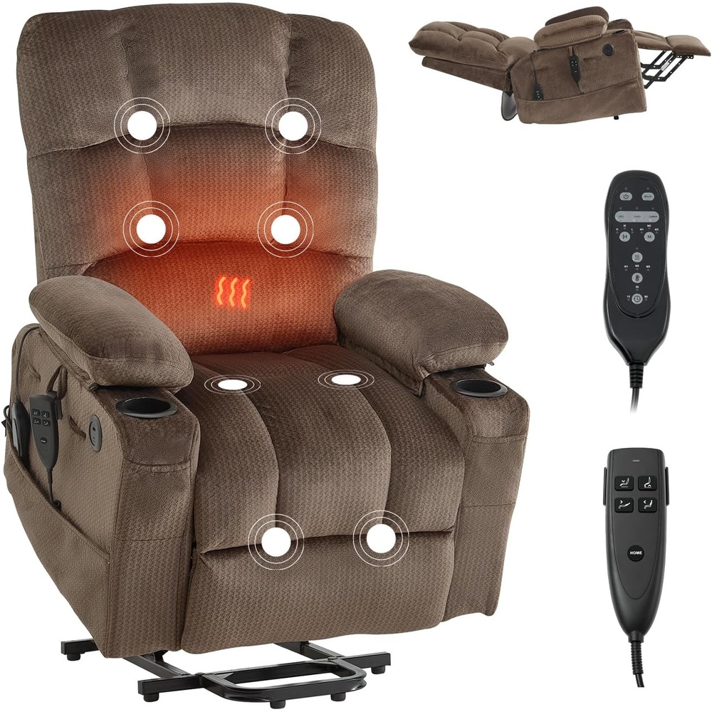 image:imageVEVOR Large Power Lift Recliner Chair Dual Motor Lift Chair with Heat and Massage for Elderly Position Adjustable with Side and Front Pockets Cup Holders Velvet Fabric Brown
