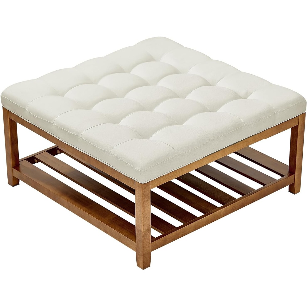 image:imageVEVOR Large Round Ottoman Coffee Table 319 Inch Tufted Coffee Table with Solid Wood Shelf Storage Linen Solid Upholstered Footrest Ottoman for Bedroom Living Room 350 LBS Linen ColorBeige
