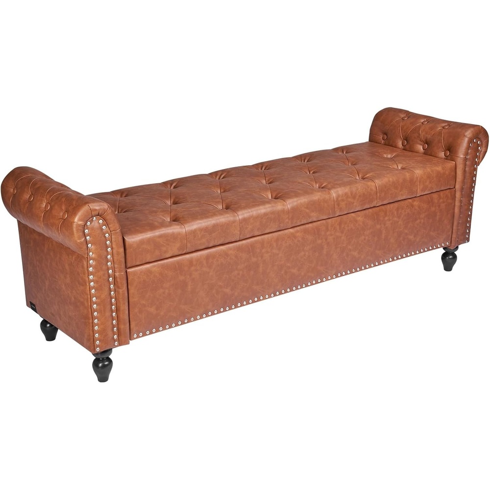 image:imageVEVOR Leather Bedroom Bench PU Leather Bench with Metal Legs and with Stitching for Entryway Upholstered Shoe Bench Seat Modern End of The Bed Benches for Living Room Dining Room Hallway GreenBrown