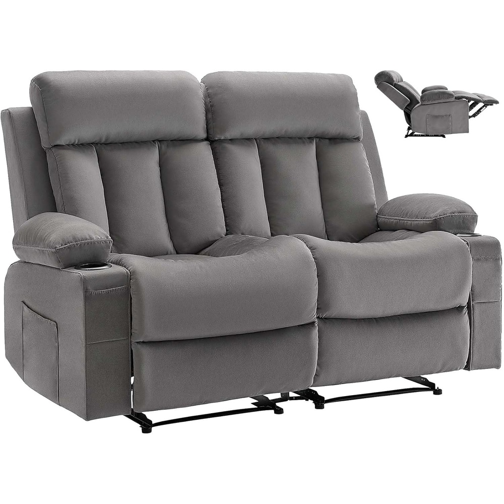 image:imageVEVOR Loveseat Recliner Sofa Power Reclining Couch with Heating and Massage Soft Velvet Electric Recliner Sofa with USB Ports Cup Holders and Side Bags Dual Loveseat Chair for Living Room Grey