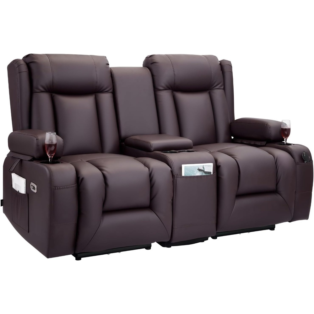 image:imageVEVOR Loveseat Recliner Sofa with Massage amp Heat Power Reclining Couch with Console PU Leather Electric RV Sofa with USB amp OutletStorageCup HoldersPockets Home Theater Seating for Living RoomDark Brown