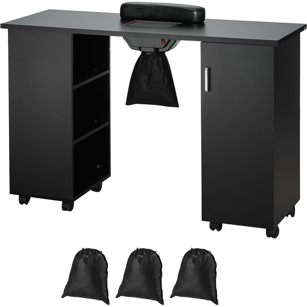 image:imageVEVOR Manicure Nail Table Mobile Nail Station with Powerful Dust Collector MDF Nail Tech Desk with 8 Lockable Wheels 3 Dust Bag amp Wrist Rest Nail Art Workstation for Home Spa Beauty SalonBlack