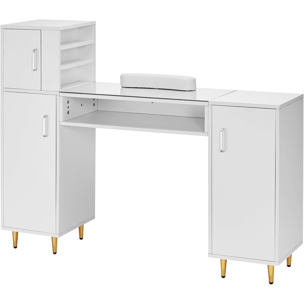 image:imageVEVOR Manicure Table Glass Top Desk Makeup Dressing Station with Storage Cabinets AcetoneResistant Nail Tech Table for Spa Beauty Salon Workstation with Wrist Rest 8 Metal Legs White