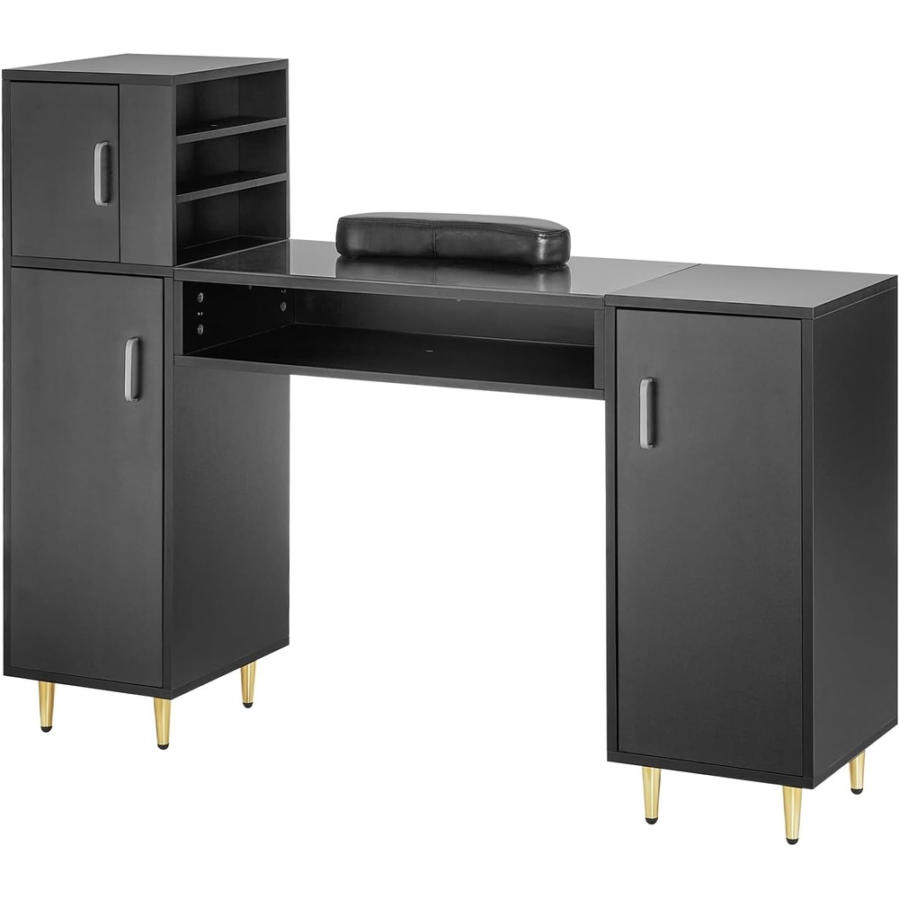 image:imageVEVOR Manicure Table Glass Top Nail Tech Desk Makeup Dressing Nail Station with Spacious Storage Cabinets AcetoneResistant Nail Tech Table with Wrist Rest 8 Metal Legs for Spa Beauty Salon Black