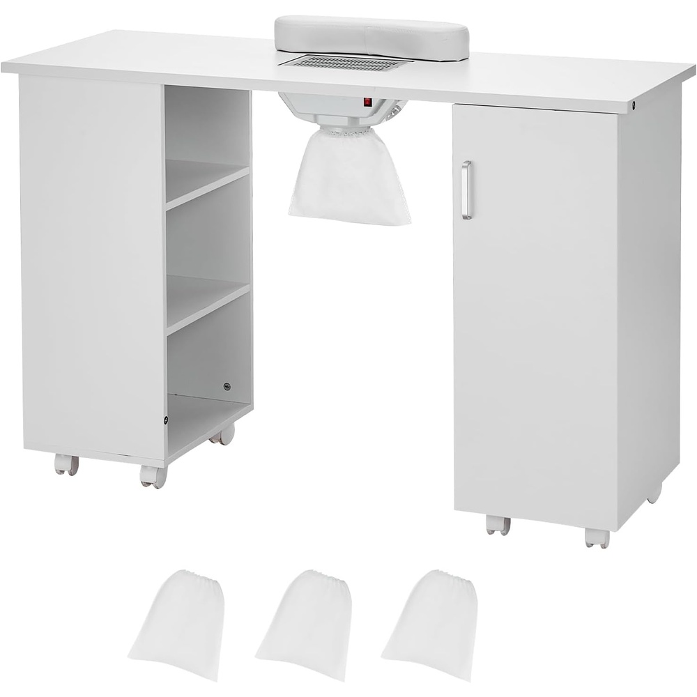 image:imageVEVOR Manicure Table Nail Table Station with Electric Dust Collector Moveable Nail Tech Desk with 8 Wheels 8 Lockable 3 Dust Bag amp Wrist Rest MDF Nail Art Workstation for Spa Beauty Salon White