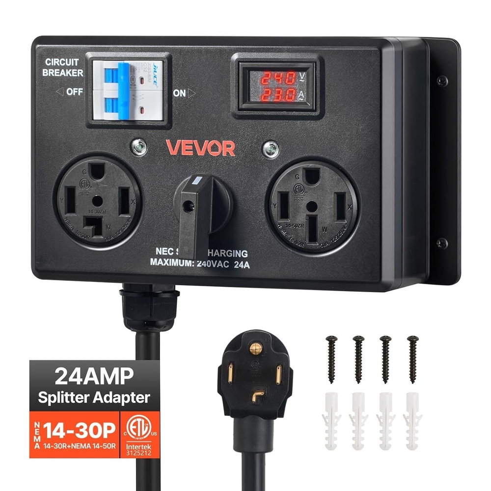 image:imageVEVOR Manual EV Charging Switch NEMA 1430P to 1430R amp 1450R Splitter Switch for Dryer amp EV 24A Max 240V Manual Power Distribution with Circuit Breaker HandOperated Selector Plug and Play ETL