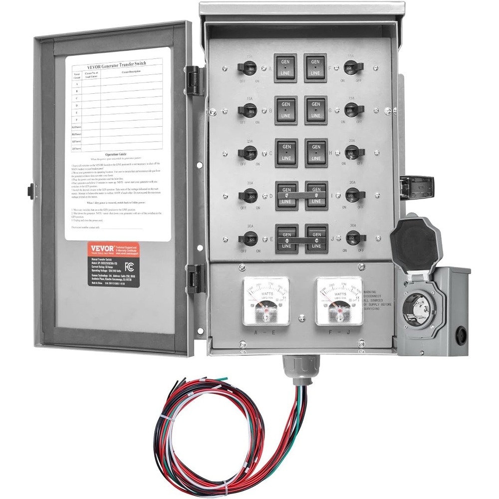 image:imageVEVOR Manual Transfer 30Amp 6Circuit Prewired Generator Transfer Kit with NEMA L1430P Power Inlet Box DoubleThrow NEMA 3R Mechanical Watt Meter for 7500W Generators50 Amp  10 Circuit