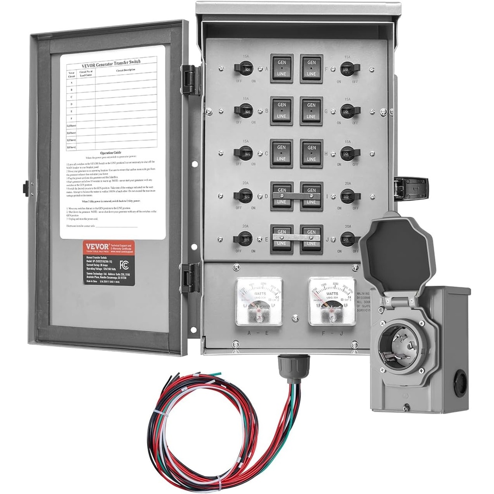 image:imageVEVOR Manual Transfer 30Amp 6Circuit Prewired Generator Transfer Kit with NEMA L1430P Power Inlet Box DoubleThrow NEMA 3R Mechanical Watt Meter for 7500W Generators30 Amp  10 Circuit