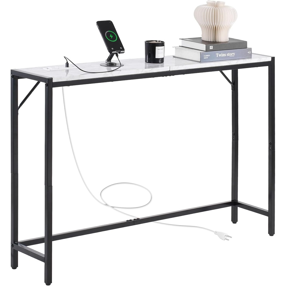 image:imageVEVOR Marble Console Table Modern Narrow Long Console Table with Power Outlet Thin Sofa Side Table with Iron Tubes AntiTip Device and Triangular Support for Living Room Hallway Entryway FoyerMarble