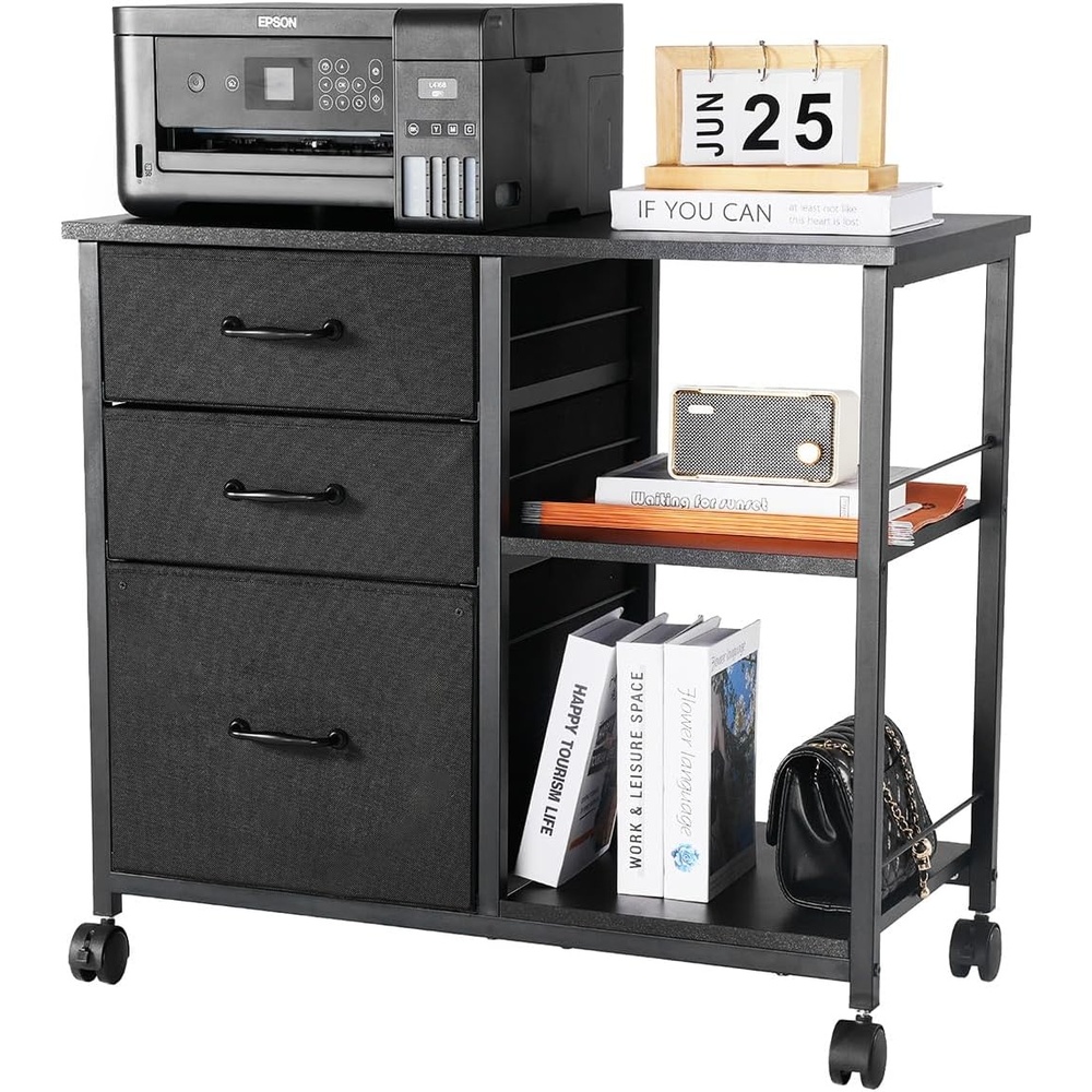 image:imageVEVOR Metal File Cabinet Mobile Filing Cabinet with 3 Fabric Drawers and 2 Open Shelves Wooden Vertical Filing Storage Cabinets with Wheels for Letter A4 Legal Size File Easy Assembly BrownBlack