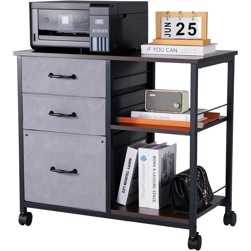 image:imageVEVOR Metal File Cabinet Mobile Filing Cabinet with 3 Fabric Drawers and 2 Open Shelves Wooden Vertical Filing Storage Cabinets with Wheels for Letter A4 Legal Size File Easy Assembly BrownBrown  Light Brown