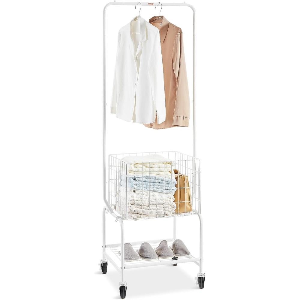 image:imageVEVOR Metal Rolling Laundry Basket with Hanging Garment Rack Laundry Hamper Cart Adjustable Height with Basket Load and Shelf Load Storage Organizer with Heavy Duty Lockable WheelsWhite