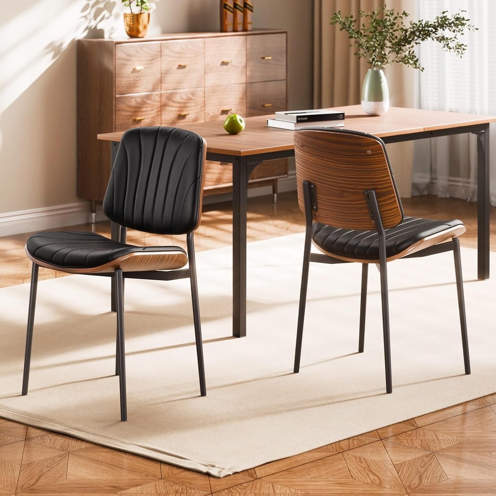 image:imageVEVOR Modern Dining Room Accent Chairs Set of 2 Upholstered Leather Side Chair for Dining Room SpaceSaving Kitchen Living Room Chair with Thick Cushions and Metal Legs Black