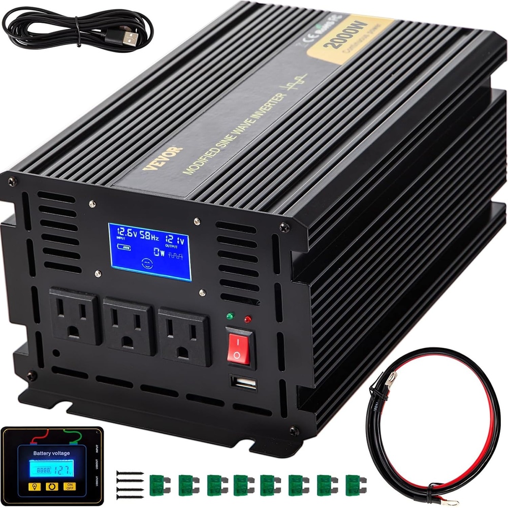 image:imageVEVOR Modified Sine Wave Inverter 5000W DC 12V to AC 120V Power Inverter with 6 AC Outlets 2 USB Port 1 TypeC Port LCD Display and Remote Controller for High Load Home Appliances CE FCC Certified2000W