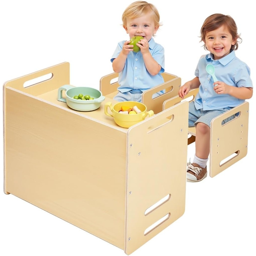 image:imageVEVOR Montessori Weaning Table and Chair Set Wooden Toddler Table and Chair Set with 2 Chairs Adjustable Height Montessori Chair and Activity Table Ideal for Reading Eating Playing  Natural