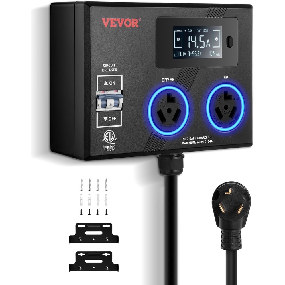 image:imageVEVOR NEMA Splitter for Dryer and EV 3Color LED Indicator 240V Smart Power Distribution with NEMA 1030 Plug Two NEMA 1030 Outlets 34 in LCD Screen Max 24A Dryer EV Tested to ETL StandardNEMA 1030P to 1030R2