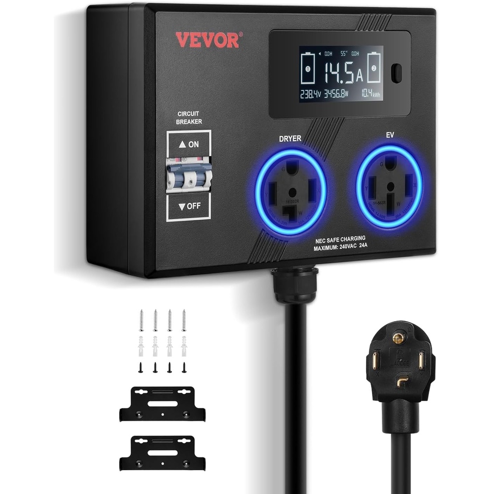 image:imageVEVOR NEMA Splitter for Dryer and EV 3Color LED Indicator 240V Smart Power Distribution with NEMA 1030 Plug Two NEMA 1030 Outlets 34 in LCD Screen Max 24A Dryer EV Tested to ETL StandardNEMA 1430P to 1430R1450R