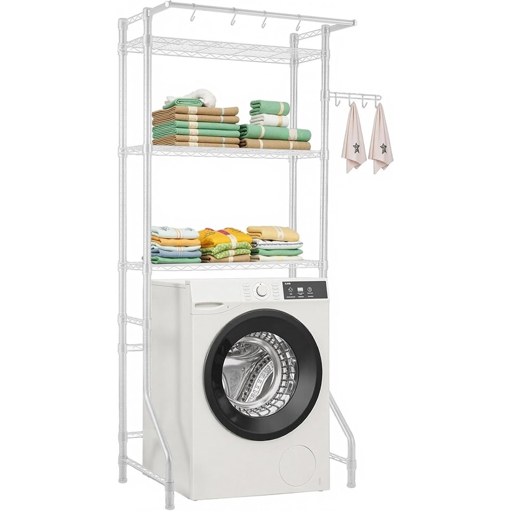 image:imageVEVOR Over The Washer and Dryer Storage Shelf 4 Tier Laundry Room Drying Rack with Hanger Rod and Hooks Adjustable Over Washer and Dryer Shelves Laundry Room Shelf Storage Space Saver WhiteWhite