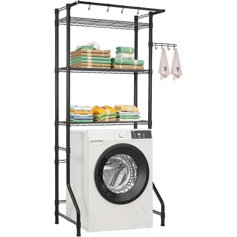 image:imageVEVOR Over The Washer and Dryer Storage Shelf 4 Tier Laundry Room Drying Rack with Hanger Rod and Hooks Adjustable Over Washer and Dryer Shelves Laundry Room Shelf Storage Space Saver WhiteBlack