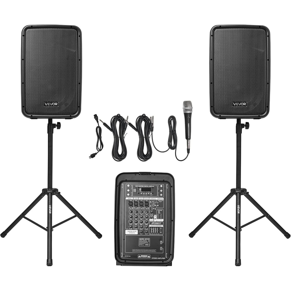 image:imageVEVOR Portable PA System with Wireless Microphone amp Speakers 800W Bluetooth PA System 6Channel Mixer Dual 10 Speakers USBSDXLR Inputs Remote Stands  for DJsEvents Fitness IndoorOutdoor300W