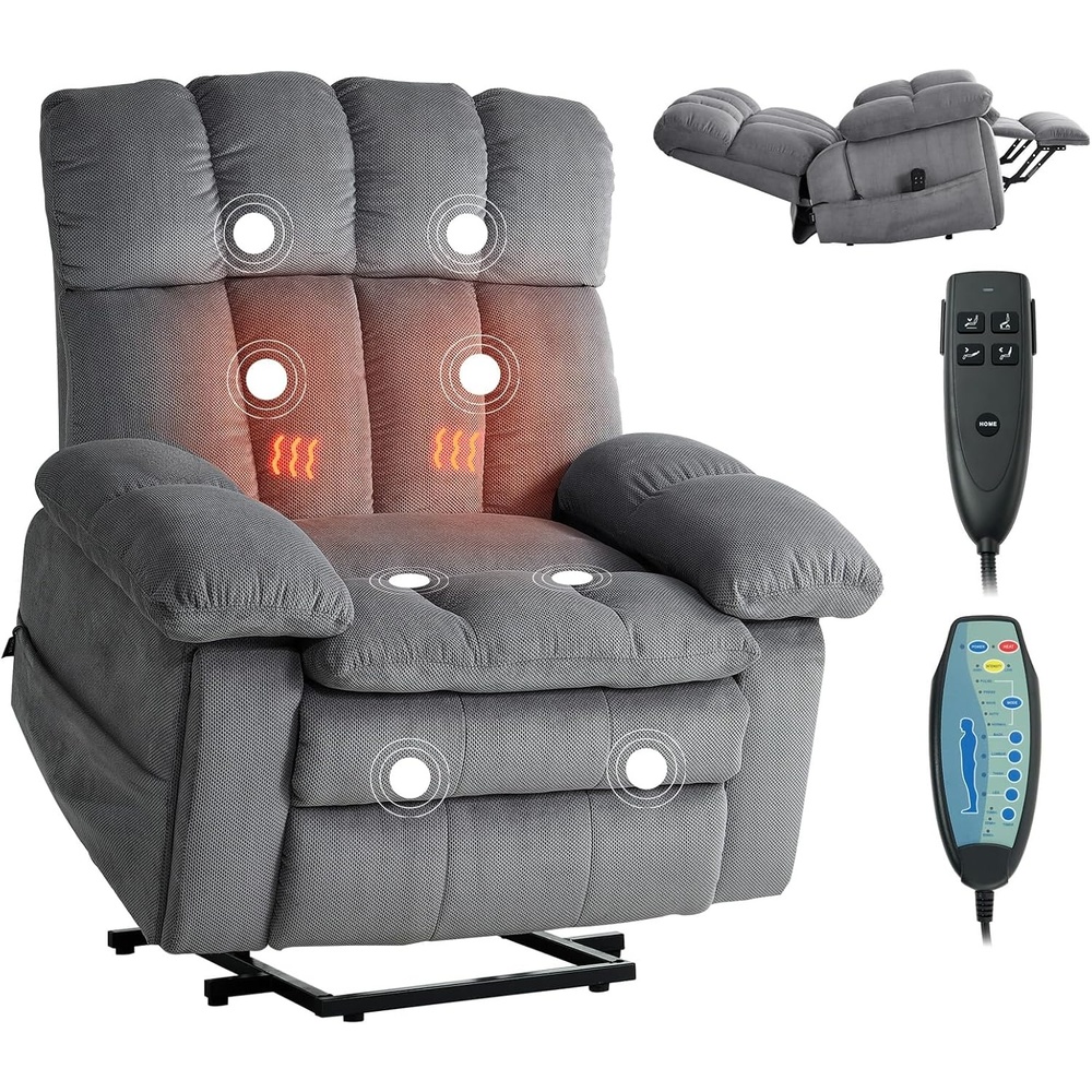 image:imageVEVOR Power Lift Recliner Chair Dual Motor Oversized Electric Lift Chair with Heat and Massage for Elderly Infinite Position Adjustment Chenille Fabric with Side Pockets Cup Holders Light Gray