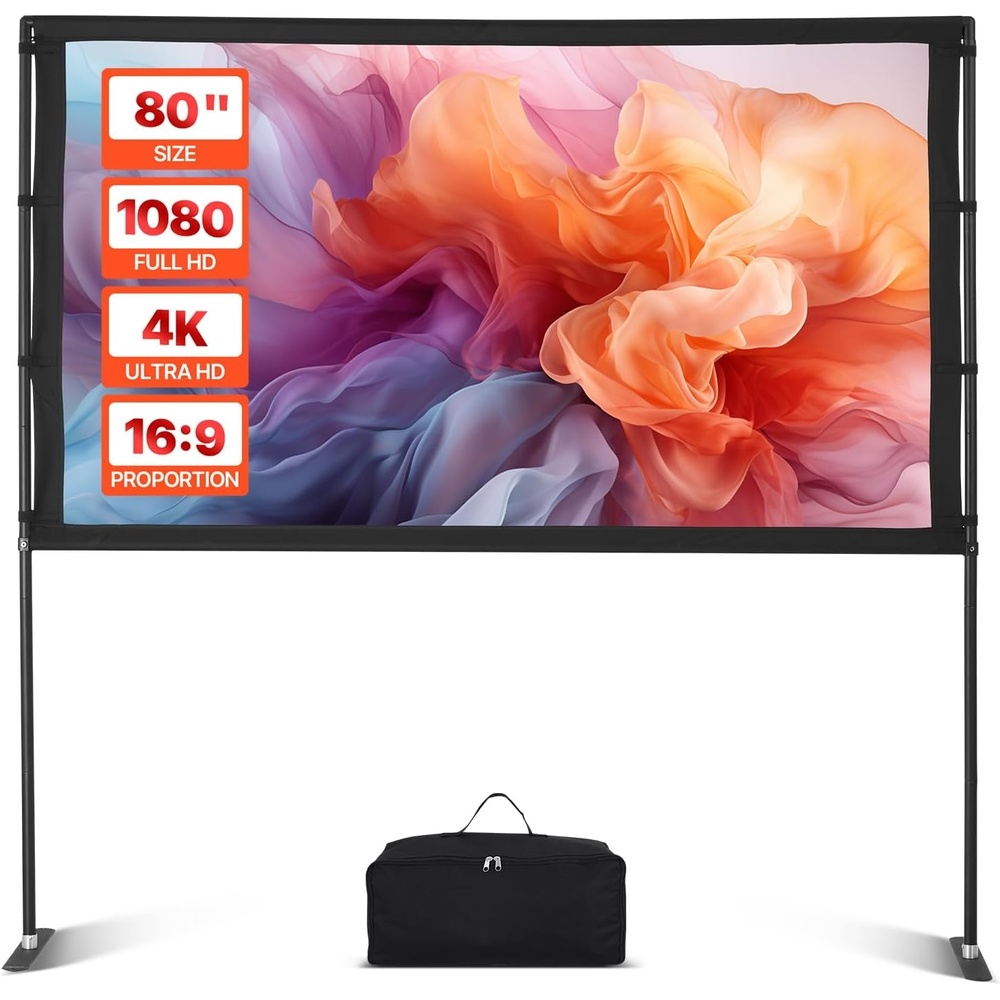image:imageVEVOR Projector Screen with Stand 120 inch 169 4K 1080 HD Outdoor Movie Screen with Stand WrinkleFree Projection Screen with Bar Feet and Carry Bag for Home Theater Cinema Backyard Movie NightFlatfooted 80