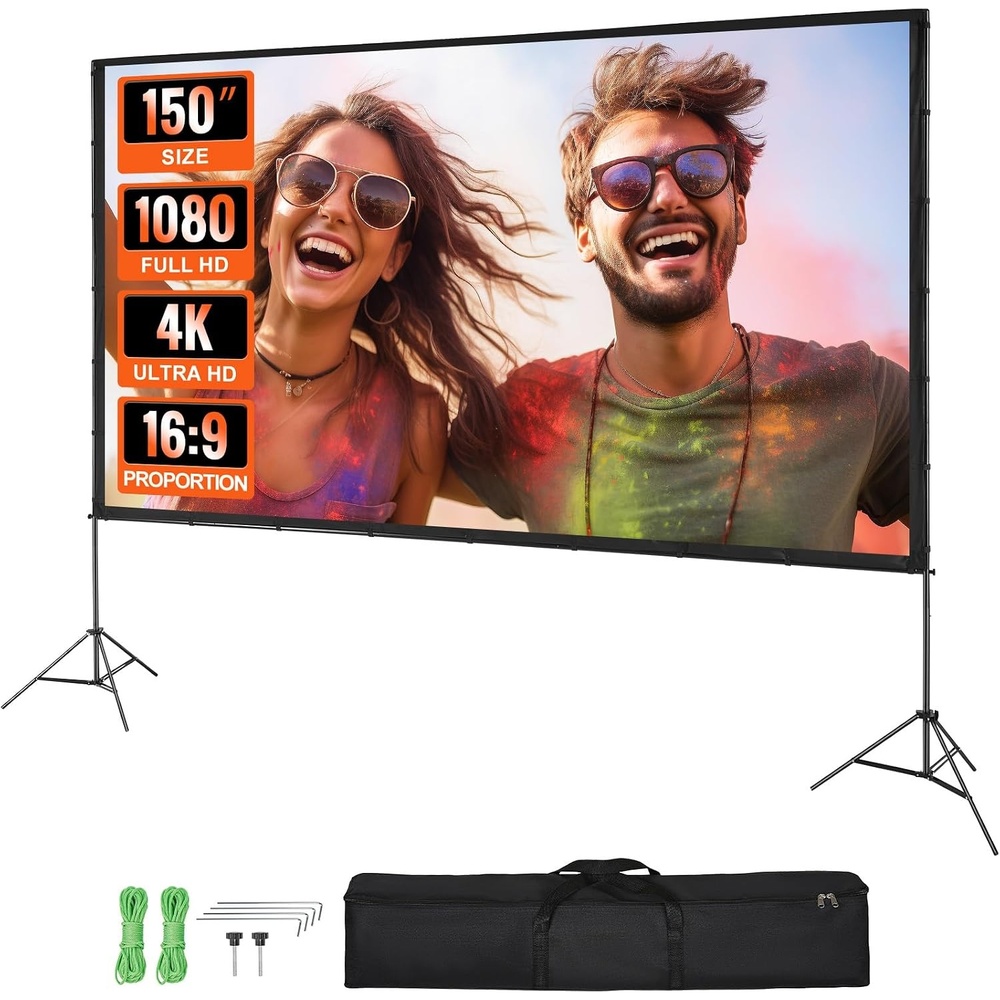 image:imageVEVOR Projector Screen with Stand 120 inch 169 4K 1080 HD Outdoor Movie Screen with Stand WrinkleFree Projection Screen with Bar Feet and Carry Bag for Home Theater Cinema Backyard Movie NightSixfooted 150