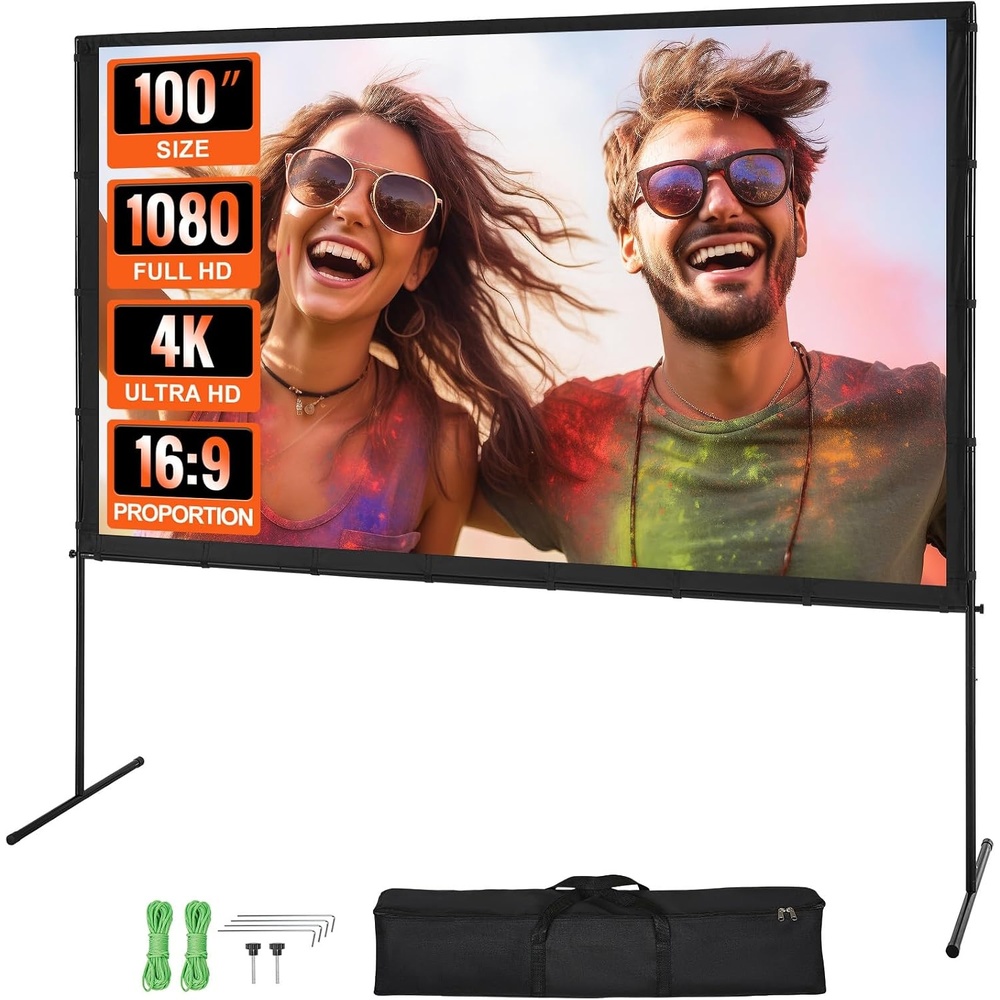 image:imageVEVOR Projector Screen with Stand 120 inch 169 4K 1080 HD Outdoor Movie Screen with Stand WrinkleFree Projection Screen with Bar Feet and Carry Bag for Home Theater Cinema Backyard Movie NightFlatfooted 100