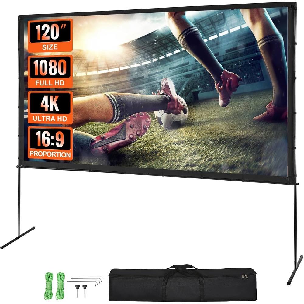 image:imageVEVOR Projector Screen with Stand 120 inch 169 4K 1080 HD Outdoor Movie Screen with Stand WrinkleFree Projection Screen with Bar Feet and Carry Bag for Home Theater Cinema Backyard Movie NightFlatfooted 120
