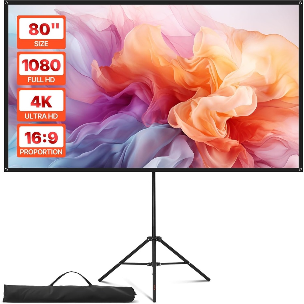 image:imageVEVOR Projector Screen with Stand 80 Inch 160 Wide Angle Indoor Outdoor Projection Screen 169 4K HD Wrinkleless Portable Tripod Screens with Carry Bag for Movie Home Theater Office PresentationProjector Screen with Stand80