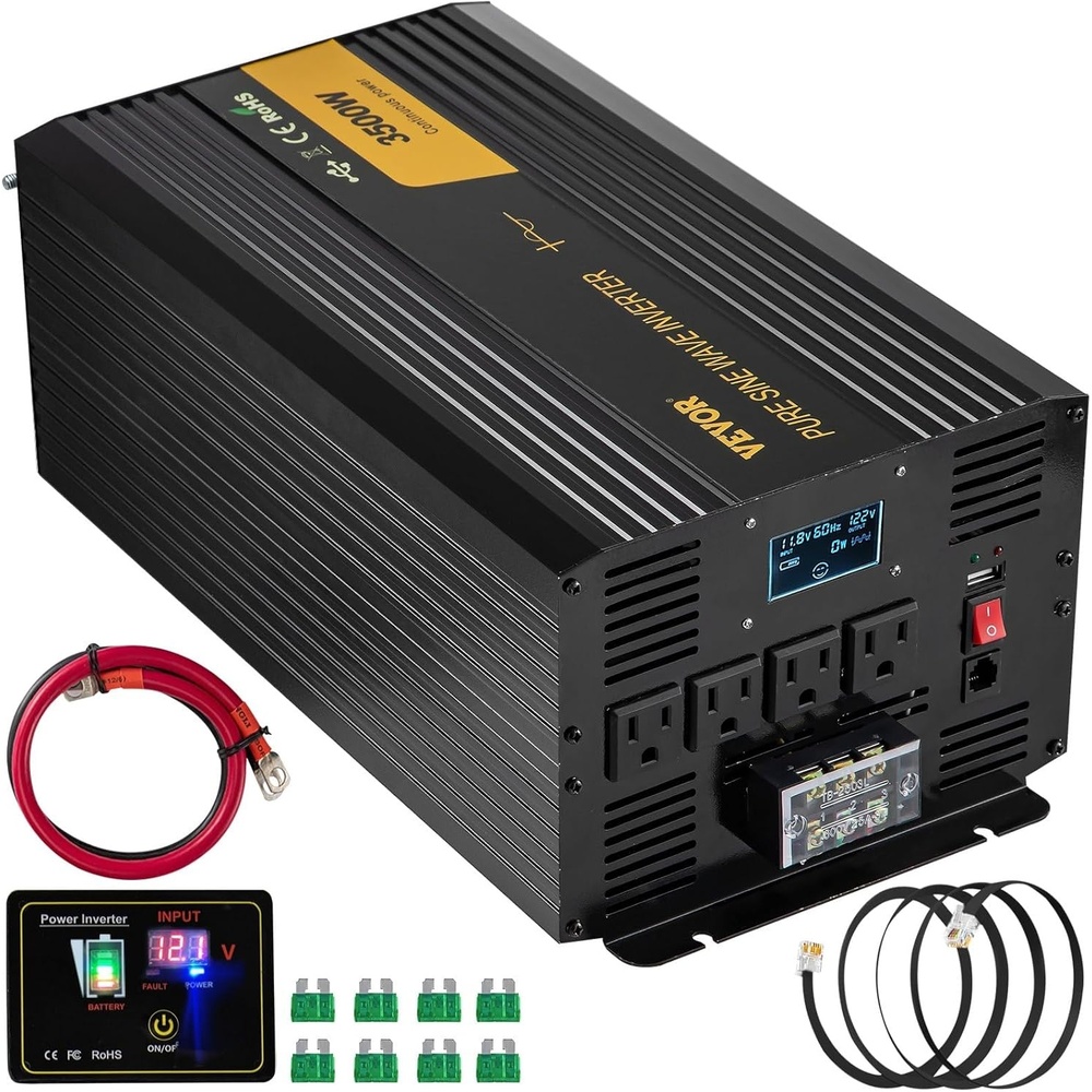 image:imageVEVOR Pure Sine Wave Inverter 3500 Watt Power Inverter DC 12V to AC 120V Car Inverter with USB Port LCD Display Remote Controller and AC Outlets GFCI for RV Truck Car Solar System Travel Camping3500W