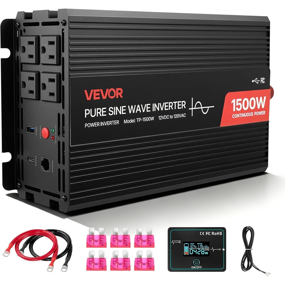 image:imageVEVOR Pure Sine Wave Inverter 3500 Watt Power Inverter DC 12V to AC 120V Car Inverter with USB Port LCD Display Remote Controller and AC Outlets GFCI for RV Truck Car Solar System Travel Camping1500W