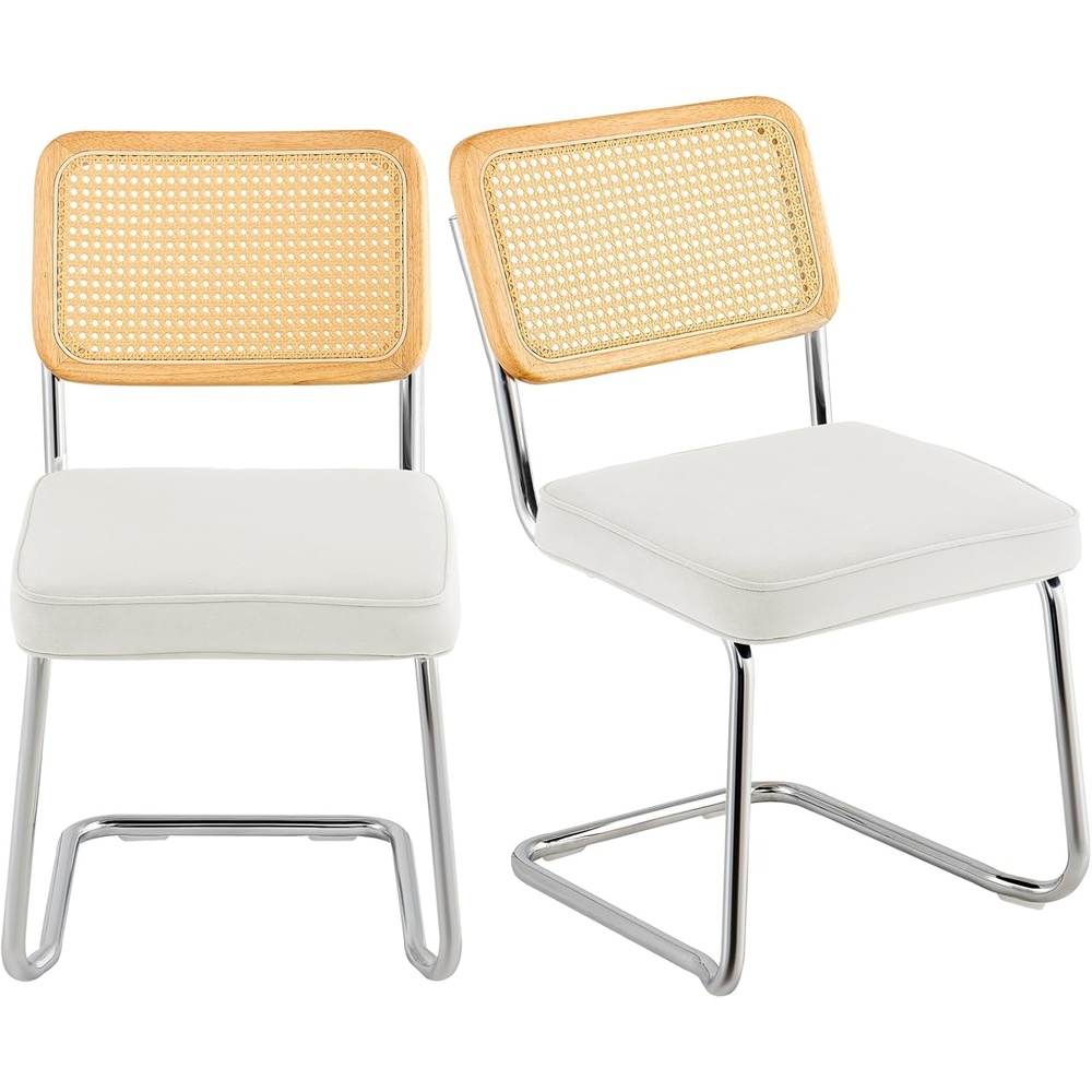 image:imageVEVOR Rattan Chairs Set of 2 Mid Century Modern Dining Chair Upholstered Velvet Accent Chair with Rattan Back Retro Dining Room Kitchen Chair for Living Room Bedroom 181 InchWhite