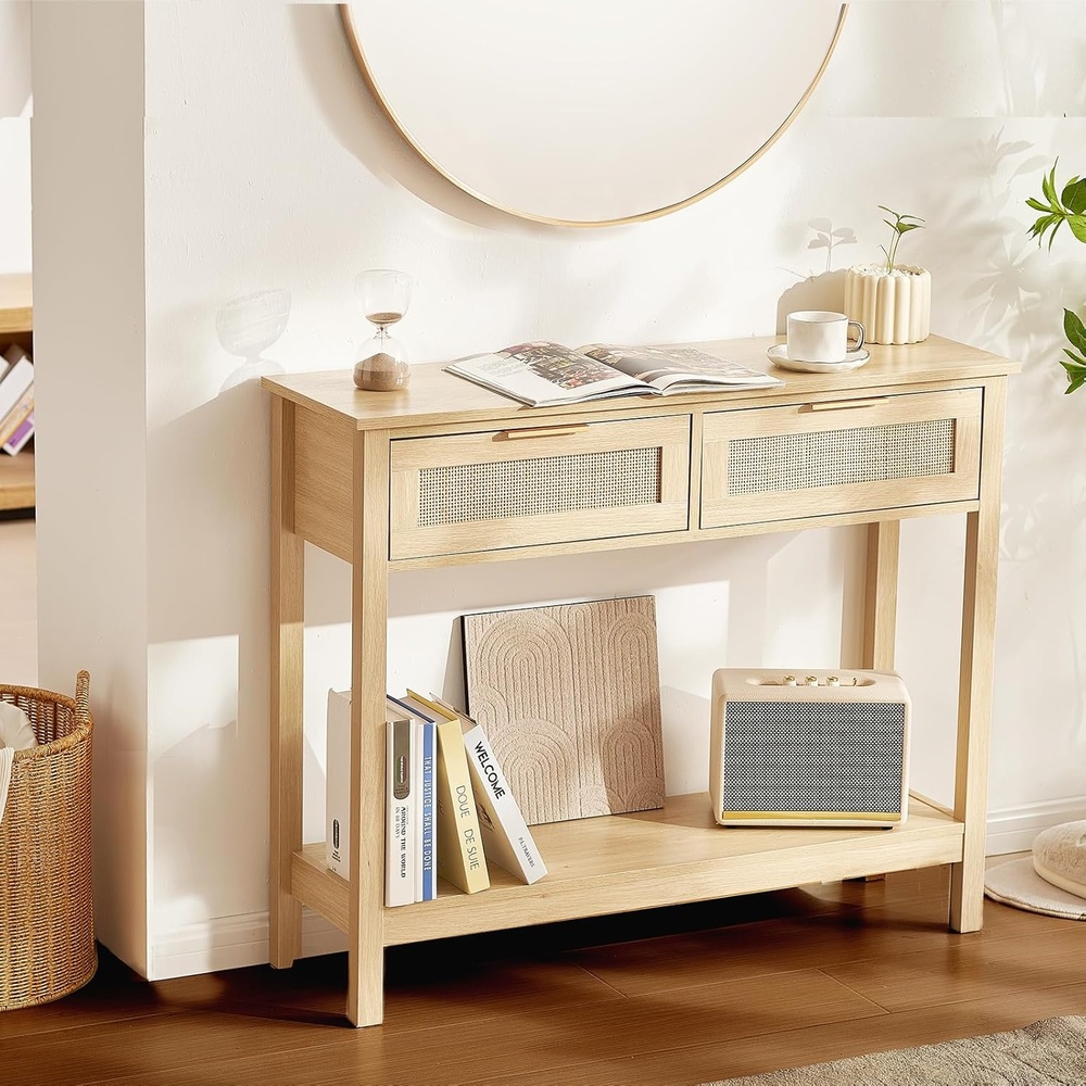 image:imageVEVOR Rattan Console Table with 2 Storage Drawers Rattan Entryway Table with Natural Rattan Sliding Door Console Sofa Table for Living Room Study Entryway Or TV Wall Natural2 DrawersRectangular