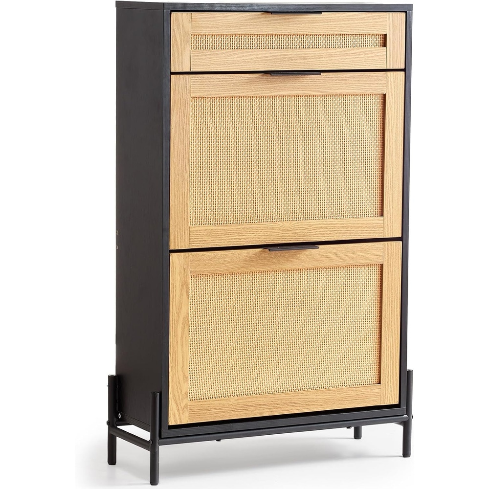 image:imageVEVOR Rattan Shoe Cabinet Narrow Shoe Storage Organizer with 2 Flip Rattan Drawers amp 1 Slide Drawer Metal Legs Slim Shoe Entryway Cabinet Ideal for Entryway Closet Hallway BlackBlack