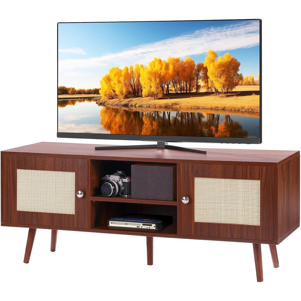 image:imageVEVOR Rattan TV Stand Mid Century Modern TV Stand for 65 inch TV Boho Rattan TV Cabinet with Buildin Socket and USB Ports Adjustable Shelfs for Living Room Media Room OakWalnut