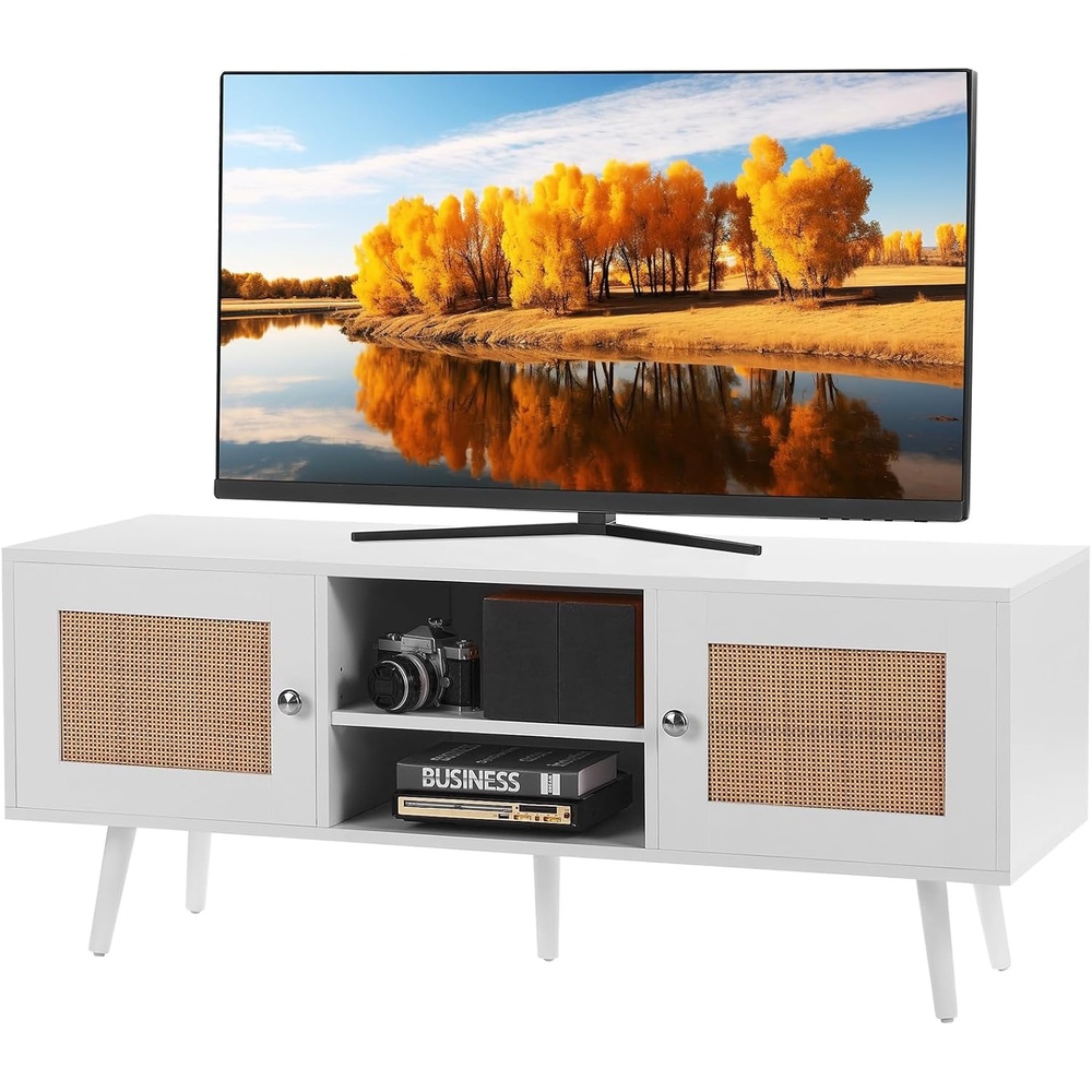 image:imageVEVOR Rattan TV Stand Mid Century Modern TV Stand for 65 inch TV Boho Rattan TV Cabinet with Buildin Socket and USB Ports Adjustable Shelfs for Living Room Media Room OakWhite
