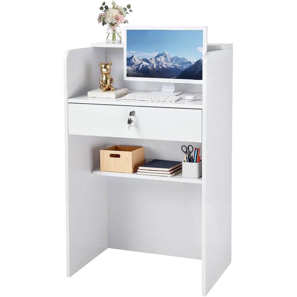 image:imageVEVOR Reception Desk 236 inch Rectangular Front Counter Table Modern Office Reception Desk with Drawer Small Minimalist Retail Counter Table for Checkout Lobby Beauty Salon and Office White
