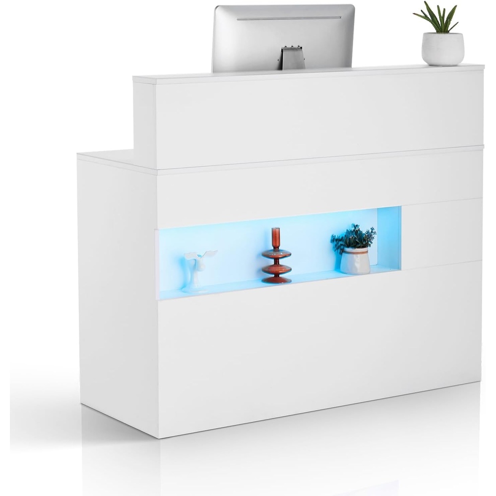 image:imageVEVOR Reception Desk 47 Inch Rectangular Front Counter Table Office Reception Desk with LED Light 2 Drawers and Power Outlets for Checkout Lobby Beauty Salon and Office White