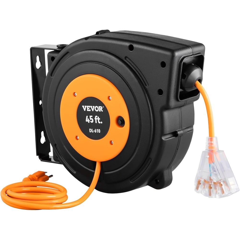 image:imageVEVOR Retractable Extension Cord Reel 45 FT Heavy Duty 12AWG3C SJTOW Extension Power Cord with Lighted Triple Tap Outlet 15A Circuit Breaker 180 Swivel Bracket for Ceiling or Wall Mount RedBlack  Orange