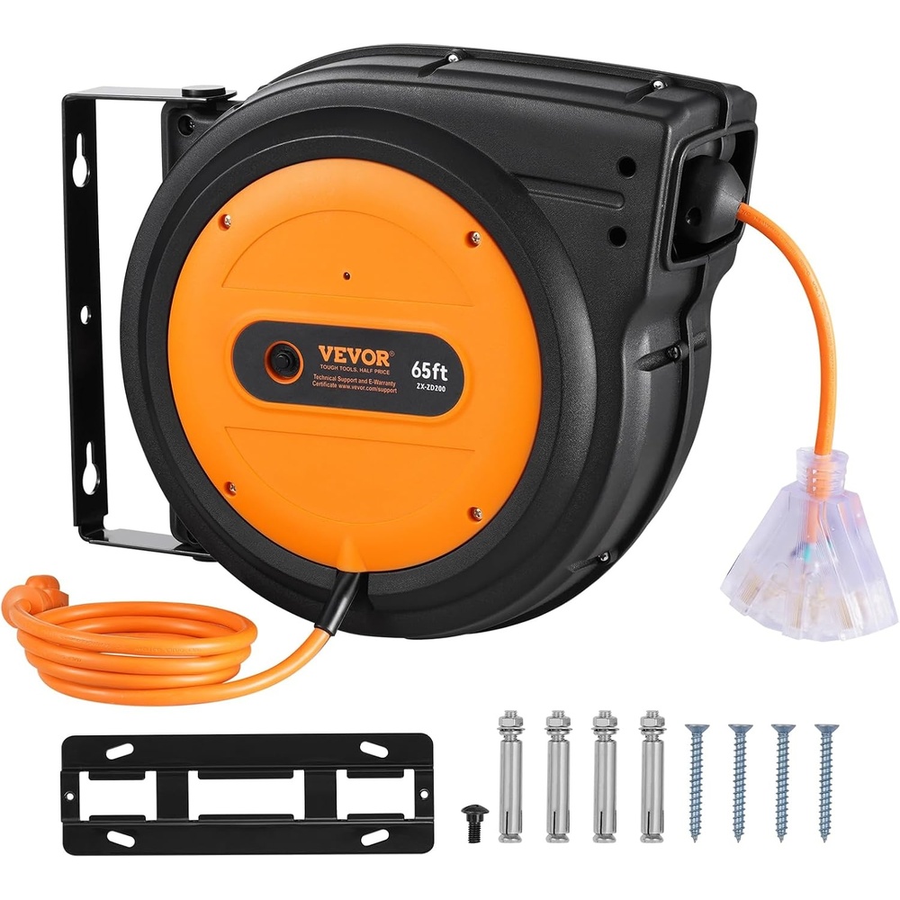 image:imageVEVOR Retractable Extension Cord Reel 45 FT Heavy Duty 12AWG3C SJTOW Extension Power Cord with Lighted Triple Tap Outlet 15A Circuit Breaker 180 Swivel Bracket for Ceiling or Wall Mount RedOrange